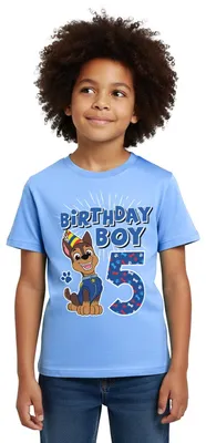 Produktbild von Spreadshirt Paw Patrol Geschenk 5 Jahre 5. Geburtstag Chase Kinder T-Shirt, 98/104 (3-4 Jahre), Himmelblau