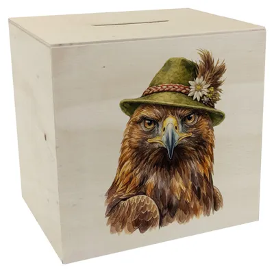 Produktbild von Steinadler mit alpenländischem Trachtenhut Spardose aus Holz
