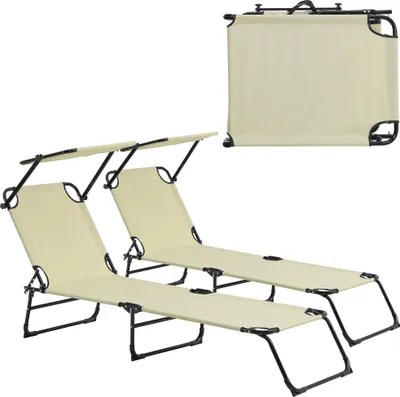 Produktbild von [casa.pro] Sonnenliege [2er Set] klappbar 190cm creme mit Dach Relaxliege Stahl