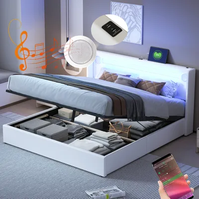 Obrázok produktu pre Flieks čalúnená posteľ 160x200cm s USB a Bluetooth prehrávačom, posteľ s boxovou pružinou, manželská posteľ s LED a lamelovým roštom, úložný priestor, posteľ pre mladých, PU, biela
