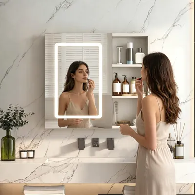 Image de Armoire de salle de bain avec miroir et étagère réglable