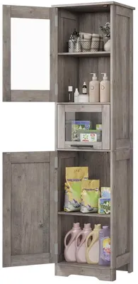 Productafbeelding van Hoge badkamerkast – voor badkamer en wasruimte – vrijstaande, smalle opbergkast met verstelbare legplanken – grijs – 170 cm