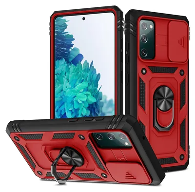 Produktbild von Galaxy S20 FE Hülle, Schiebe Kamera Schutz Robust Rüstung Stoßfest Schutzhülle mit Ringhalterung Ständer Kartenhalter für Samsung Galaxy S20 FE / S20 FE 5G Rosa