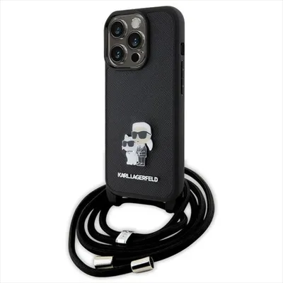 A black iPhone case with a Karl Lagerfeld and Choupette design and a black lanyard, shown against a white background.