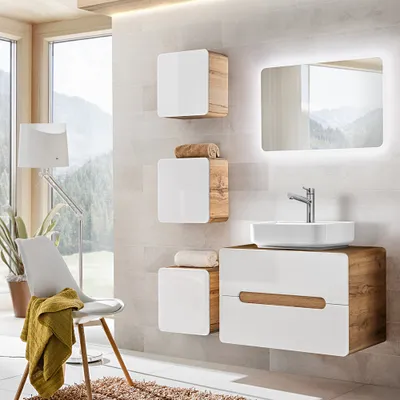 Produktbild von Badmöbel Waschplatz Set LUTON-56 in Hochglanz weiß mit Wotan Eiche Nb. B/H/T ca. 130/200/46 cm