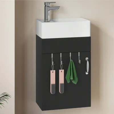 Produktbild von BALCONERA Weißer Waschtischunterschrank mit Waschbecken: Badezimmerschrank/Aufbewahrungsschrank, 2 Haken, für Badezimmer & Küche, Wasserhahn nicht enthalten