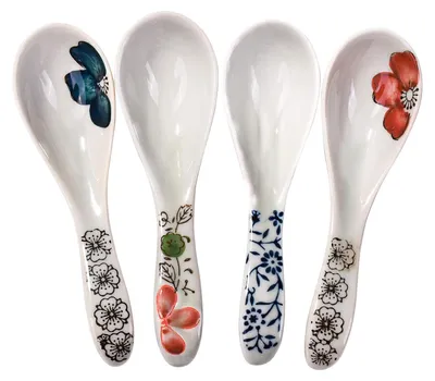 Japanische Suppenlöffel, Set mit 4, Keramik, Weiß, 14,5 cm