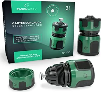 Produktbild von RASENWERK® - Gartenschlauch Steckverbinder mit Aquastop für 1/2 und 5/8 Zoll Schlauch - Wasserstop Premium Schlauchverbinder - Universeller Connector - 2 Stück
