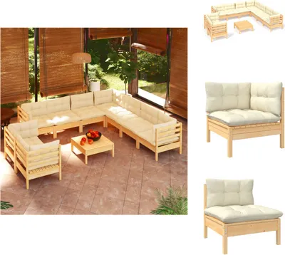 Produktbild von vidaXL 10-tlg. Garten-Lounge-Set mit Creme Kissen Massivholz Kiefer -  Gartenmöbel-Sets