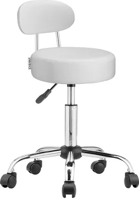 A white rolling stool with a backrest on a white background.
