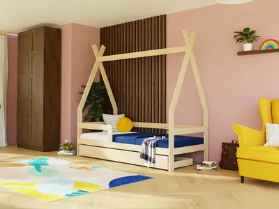 Produktbild von Kinderholzbett SAFE 5-in-1 in Tipi-Form mit Barriere und Aufbewahrungsschublade 90x190 cm Beige, Mit zwei Barrieren