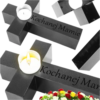 Zdjęcie produktu dla Znicze na grób | Nowość | Duży znicz | Z grawerem "KOCHANEJ MAMIE" | Dla Mamy Symbol Miłości Metalowy 50 cm Długości Marmurowy Dekoracja na grób KRZYŻ