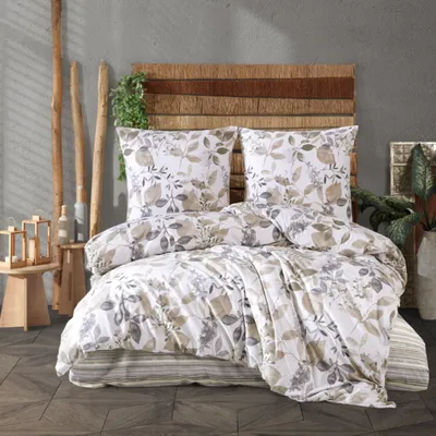 Produktbild von Bettwäsche-Set 200x200 cm dreiteilig Baumwolle Bettbezug Beige & Grau Blättermuster Naturdesign. AzuraV1