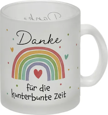 Produktbild von Regenbogen Glas Tasse mit Spruch Danke für die kunterbunte Zeit