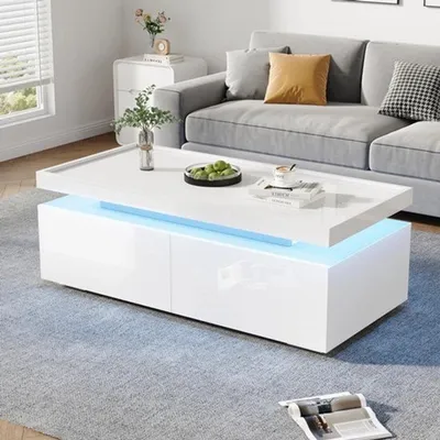 Obrázek produktu pro Konferenční stolek – vysoký lesk, bílá barva – 111x54x54 cm – s LED osvětlením – dvě zásuvky