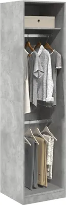 A tall, narrow wardrobe with a concrete-like finish, showing clothes hanging inside.