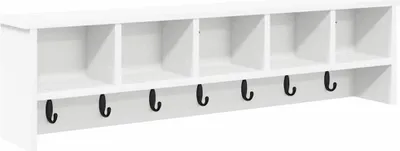 A white wall-mounted coat rack with a shelf and six hooks.