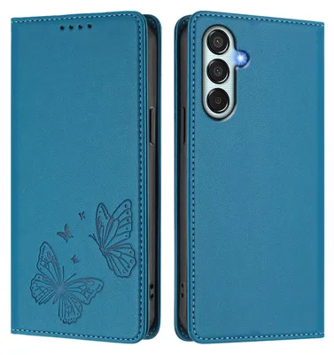 Produktbild von Lederhülle für Samsung Galaxy M34 5G, Schmetterling Prägung Leder Brieftasche Schutzhülle mit Ständer Blau