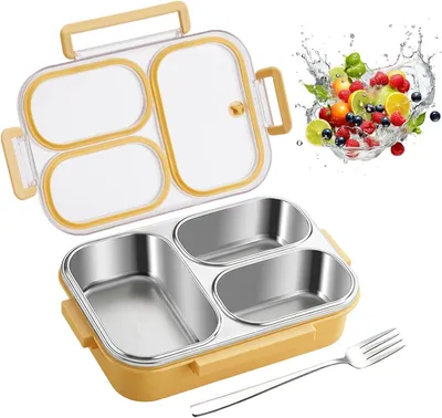 Productafbeelding van Roestvrijstalen lunchbox met 3 compartimenten, 1000 ml, lekvrij, met bestek, geschikt voor school en kantoor