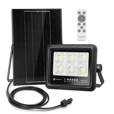 A solar floodlight, solar panel, and remote control are displayed against a white background.