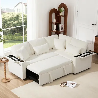 Produktbild von L-förmiges ausziehbares Ecksofa, Canapé Convertible mit Stauraum, Becherhalter, USB-Ladeanschluss, Armlehnenablage und zwei Kissen, Sofa für Wohnzimmer, Gästezimmer, Heimkino und Apartment, Beige