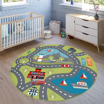 Produktbild von Kinder-Teppich Für Kinderzimmer, Spiel-Teppich Mit Straßen-Motiv, In Grün Grösse Ø 160 cm Rund