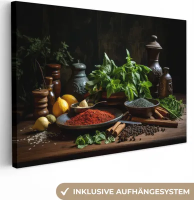 Produktbild von MuchoWow® - Leinwandbilder - Kräuter - Stilleben - Gewürze - Schwarz, Wandbild, Wanddeko Bilder Wohnzimmer, 30x20 cm