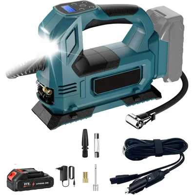 Imagen del producto de Bomba de aire portátil para neumáticos de automóvil y bicicleta - Inalámbrica - Pantalla digital - Funciona con batería - Para automóvil y bicicleta - Batería no incluida - Color negro