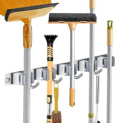 Image de Support mural pour balais et serpillières Unyqoos® en acier inoxydable SUS304 – 5 supports + 4 crochets, organisateur pour balais et serpillères, idéal pour la cuisine, la salle de bain, le jardin. Montage par vis ou adhésif (capacité maximale : 30 lb)