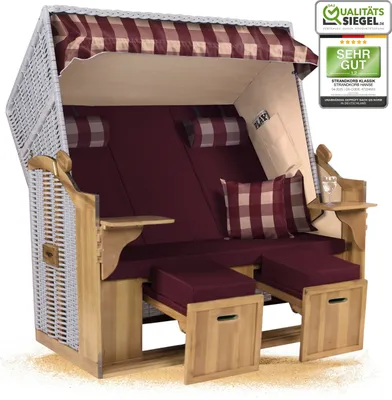 Produktbild von Strandkorb Ostsee 2,5-Sitzer 150cm breit in Beige Weiß Rot Gestreift Zerlegt ideal für Balkon, Terrasse oder Garten