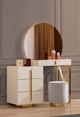 Immagine prodotto di Tavolino da toeletta beige in acciaio inox sgabello per camera da letto 2 pezzi