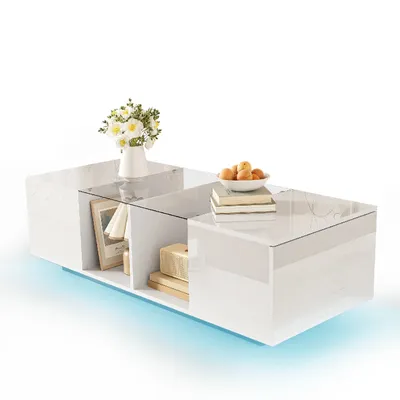 Produktbild von Moderner Couchtisch(weiß)120x50x38,5cm,Sofatisch mit LED-Beleuchtung, hochglänzender Tischplatte