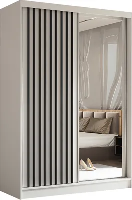 Produktbild von Masseno Schiebetürenschrank LAMELLO 150 cm Kleiderschrank Schlafzimmer Schrank 2-türig mit Spiegel und Lamellen Weiß