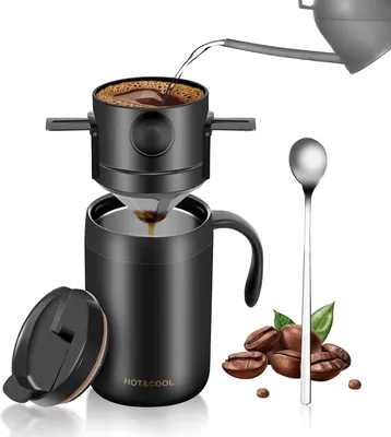 Produktbild von 16oz Camping Kaffeekanne Set, tragbar Handfilter Kaffee mit wiederverwendbarem Filter, Edelstahl Thermobecher, doppelwandig, faltbar, Outdoor & Reise