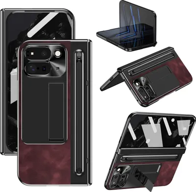 Image de Google Pixel 9 Pro Étui pliable avec protection de l'objectif et de la charnière, support en cuir avec support pour stylo S et protection de l'écran rouge