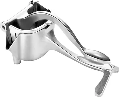 A silver manual juicer is shown against a white background.