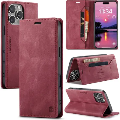 Image de Coque pour iPhone 16 Pro, coque rétro en cuir PU, socle et étui de protection rouge