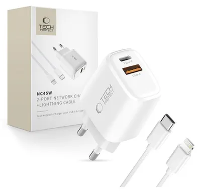Obrázok produktu pre Tech-Protect Nca45W-Gan 2-portová sieťová nabíjačka PD 45 W / QC 3.0 + kábel Lightning, biela
