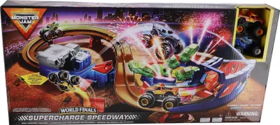 Immagine prodotto di Monster Jam, playset Supercharge Speedway, con i camion Megalodon e EL Toro Loco in scala 1:64, pista acrobatica motorizzata ricca di azione con rampe, illuminazione e tanti accessori, a partire dai 3 anni di età