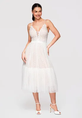 Produktbild von LARICA Midikleid Ausgestellt V-Ausschnitt Spitze Tüll Elegant LA-OM-DLR320 white L