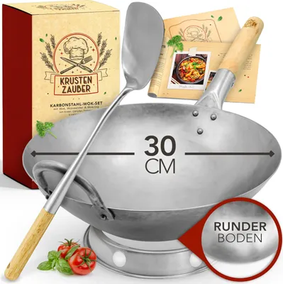 Produktbild von KRUSTENZAUBER 30cm Wokpfanne runder Boden - Traditionelle Stahlwokpfanne mit Wokwender u. Wokring - Wok Pfanne, Wok Induktion, Woklette, Wok Zubehör, Carbon Steel Wok Kohlenstoffstahl