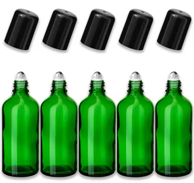 Produktbild von 5x Grüne Glasflasche 100 ml Roll-On mit schwarzem Verschluss Leer 18mm