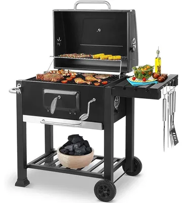 Obrázek produktu pro Dřevěný gril - Barbecue s 3 rošty, teploměrem a popelníkem - pro zahradu a terasu - černý