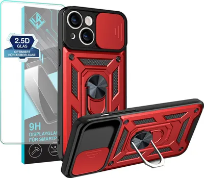 Produktbild von Armor Handyhülle für Apple iPhone 13 mit 9H Displayglas Displayschutz Kameraschutz Handy Panzer Case Cover Schutzhülle Outdoor Farbe: Rot