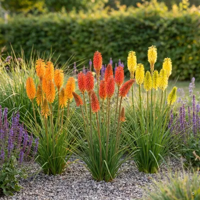 Produktbild von Stauden Gänge 3 x Kniphofia Kollektion - Fackellilie 'Mango', 'Redhot' und 'Lemon Popsicle' - winterhart, mehrjährig, 11x11 cm Topf