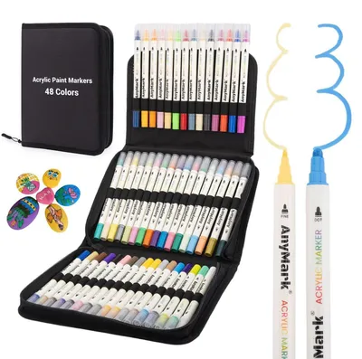 Image de Stylos marqueurs acryliques, 48 couleurs, résistants à l'eau, double embout (1-5 mm), pour pierre, travaux manuels, bois, toile