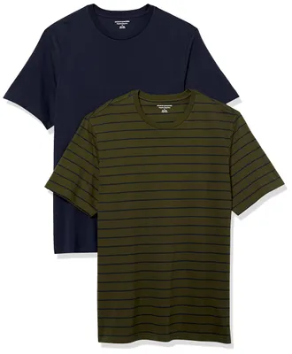 Produktbild von Amazon Essentials T-Shirts für Herren, 100% Baumwolle und Baumwoll-Polyester-Mischgewebe, Normale Passform, kurzärmelig, Rundhalsausschnitt, 2er-Pack, Marineblau/Olivgrün, gestreift, Medium