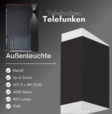 Produktbild von Telefunken LED Außenleuchte Wandlampe Posen Schwarz IP44 2 x 5W GU10 800lm Neutralweiß 4000K Up & Downlight