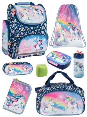 Produktbild von Mädchen Schulranzen 1. Klasse UNICORN / EINHORN Schultasche im Set 8-tlg. mit Lunch-Set und Sporttasche