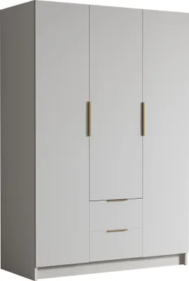 Produktbild von MIRJAN24 Kleiderschrank Calwi I 150, Schlafzimmer, Drehtürenschrank, mit Kleiderstange, Modern, Garderobenschrank, Metallgriffe (Farbe: Weiß + Gold)